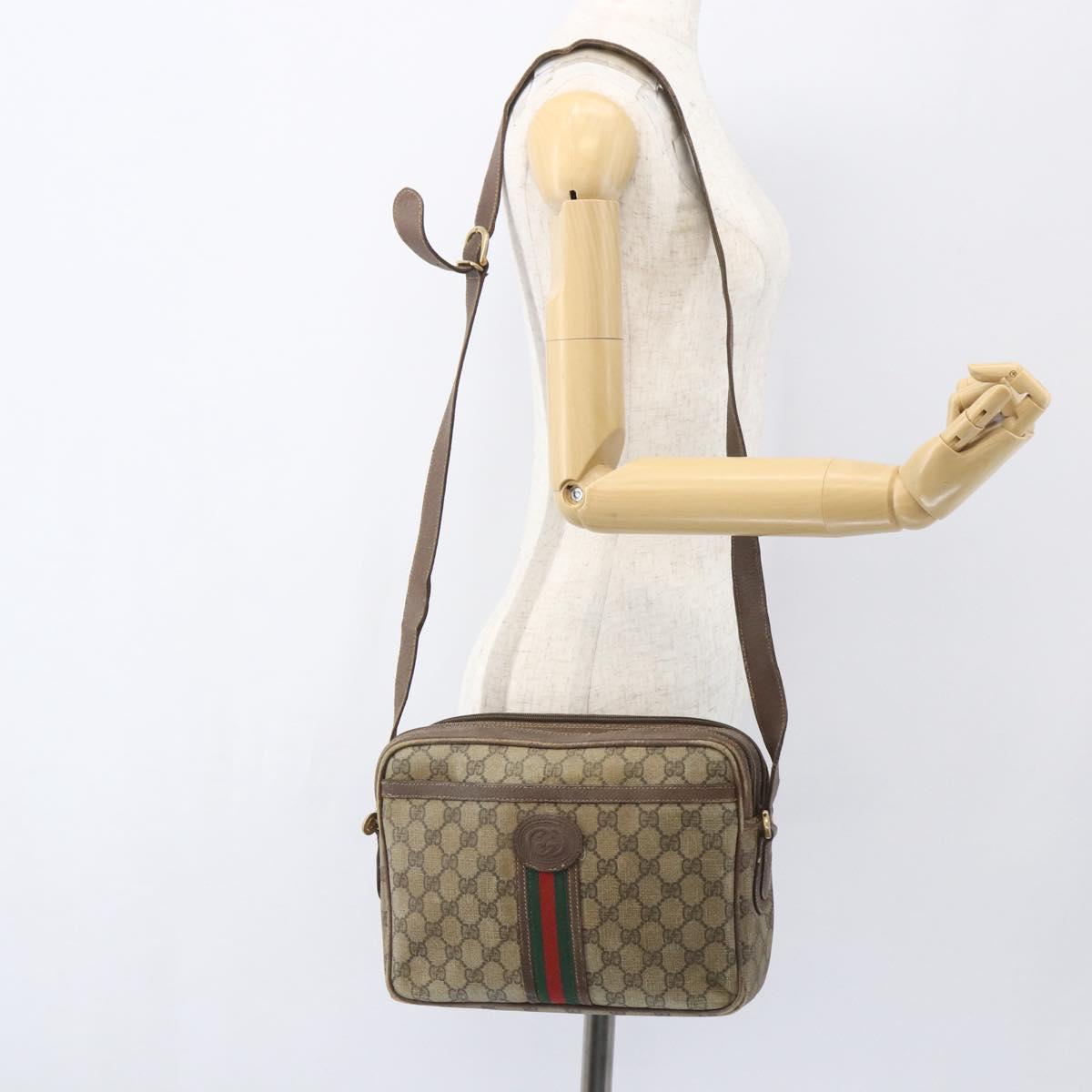 GUCCI GG Supreme Web Sherry Line Shoulder Bag PVC Beige Gold Auth 158516