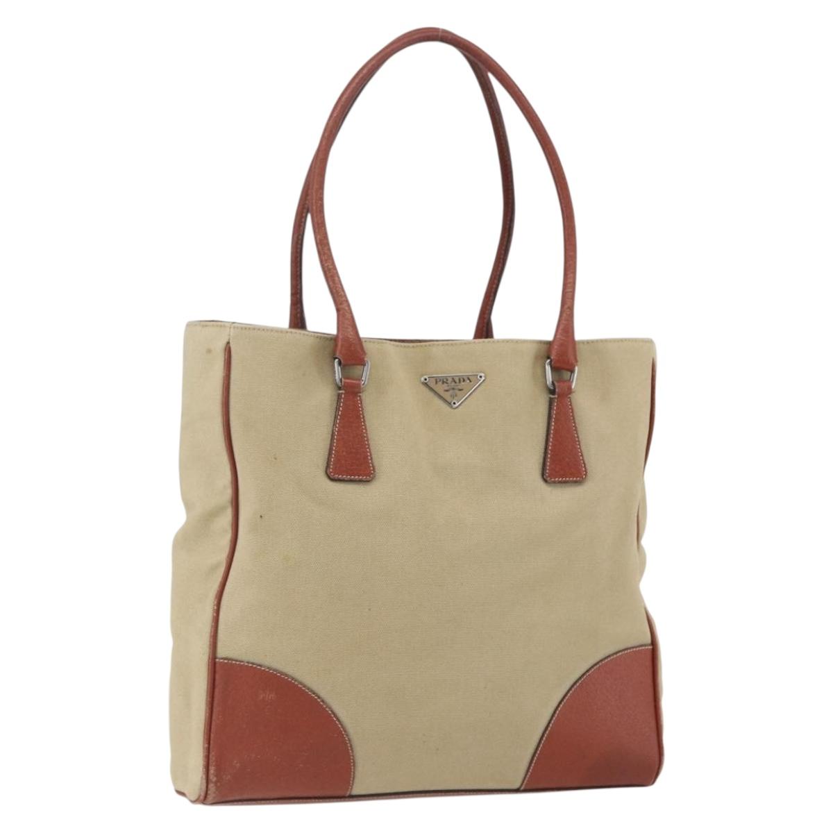 PRADA Tote Bag Canvas Beige Silver Auth 158525
