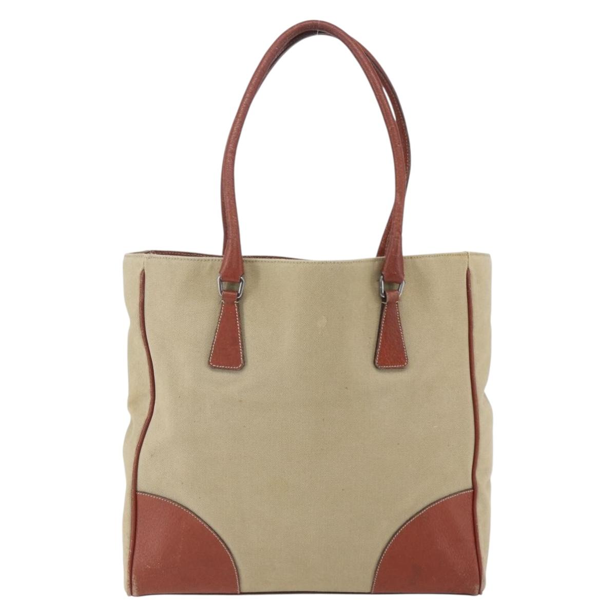PRADA Tote Bag Canvas Beige Silver Auth 158525