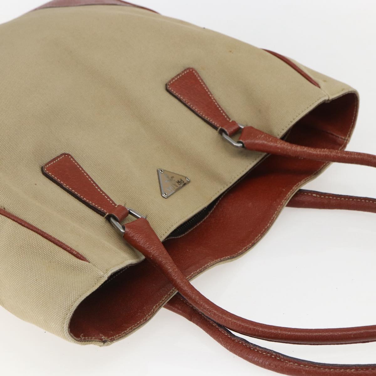 PRADA Tote Bag Canvas Beige Silver Auth 158525