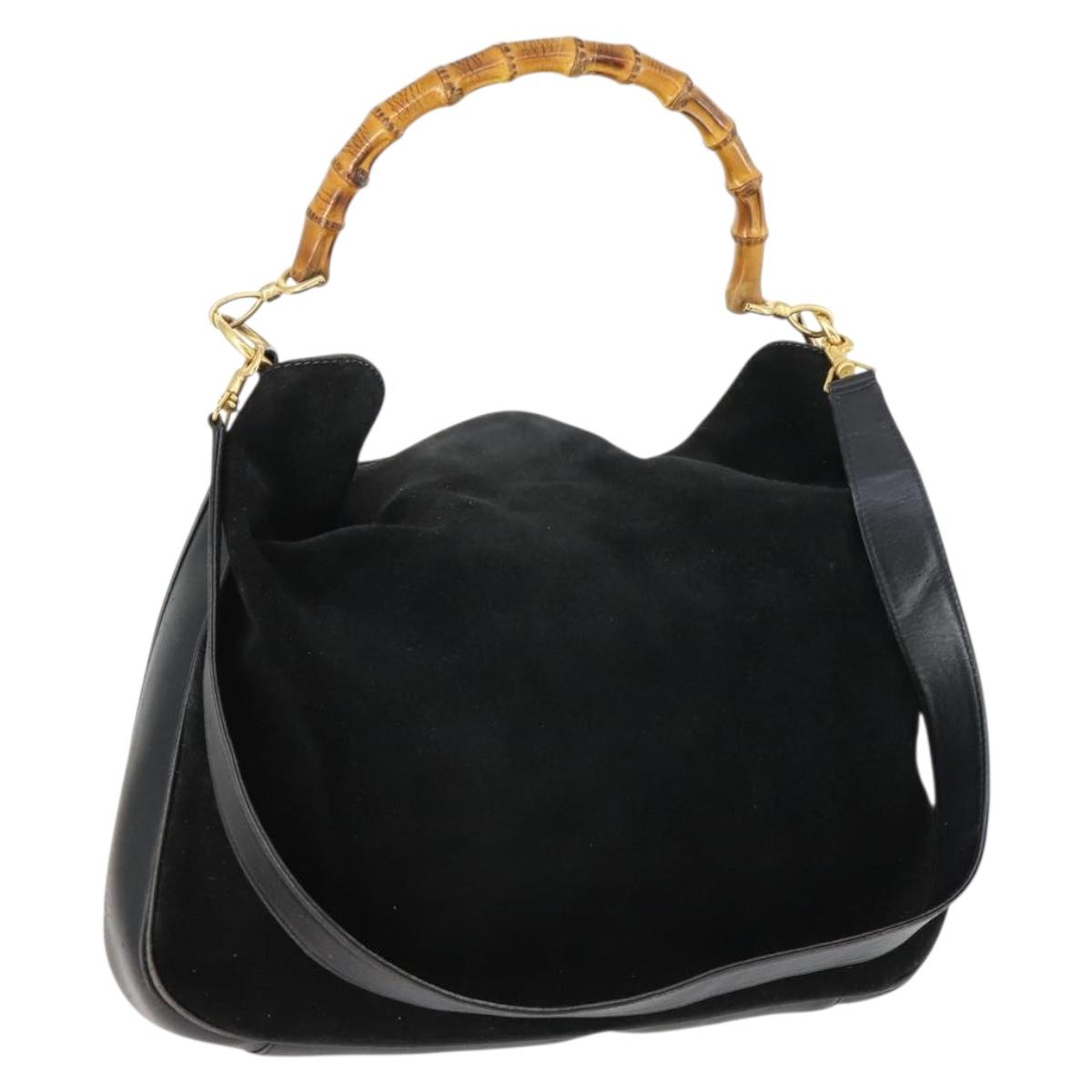 GUCCI Bamboo Hand Bag Suede 2way Black Gold 001 2404 1638 Auth 158529