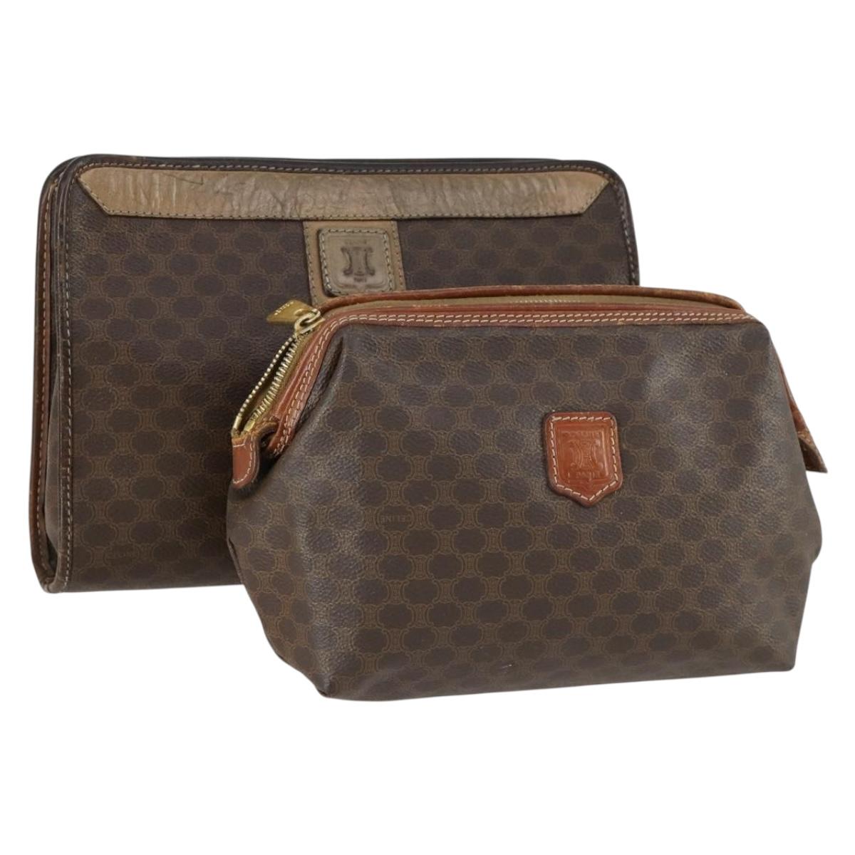 CELINE Macadam Canvas Clutch Bag PVC Leather 2 Set Brown Auth 158538