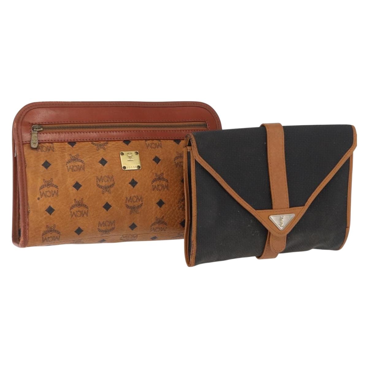 SAINT LAURENT MCM Vicetos Clutch Bag PVC Leather 2 Set Brown Black Auth 158545
