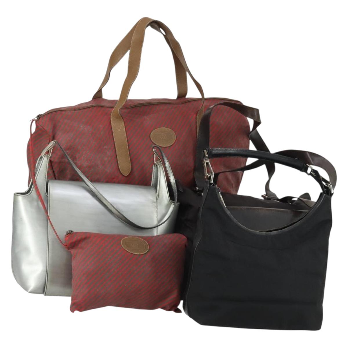GUCCI Shoulder Bag Canvas Leather 4 Set Black Silver Red Auth 158552