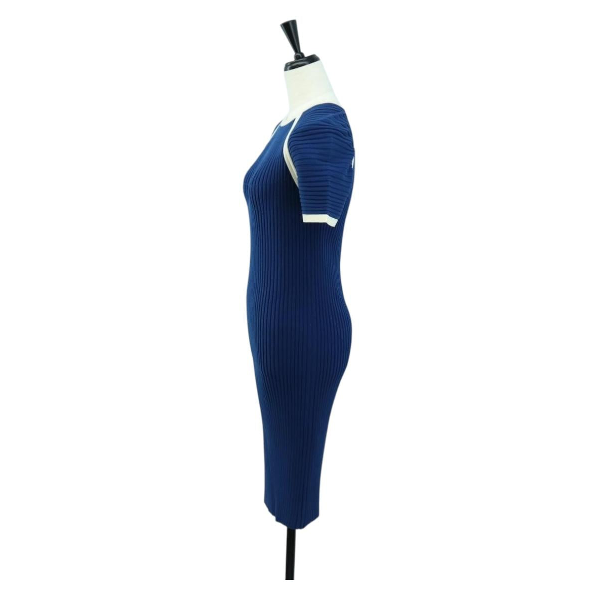CHANEL Rib Knit Dress Cupra Blue CC Auth 158555M