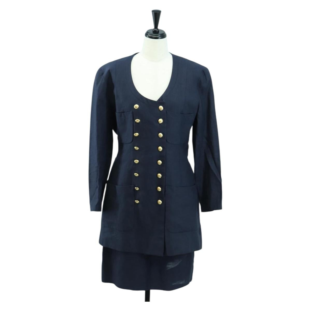 CHANEL jacket Skirt Setup Linen Navy CC Auth 158556M