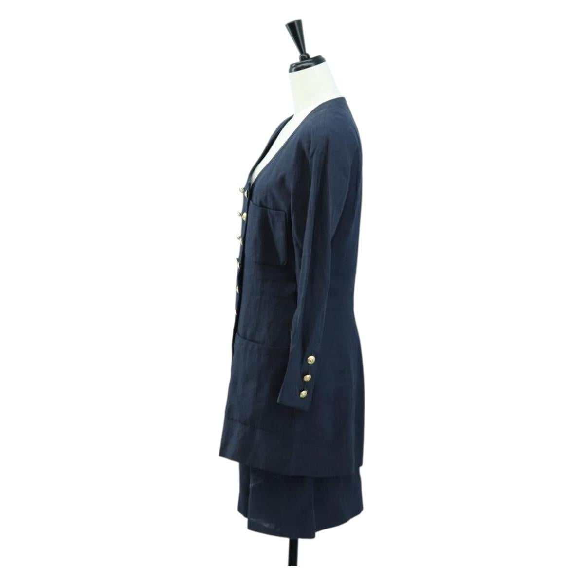 CHANEL jacket Skirt Setup Linen Navy CC Auth 158556M