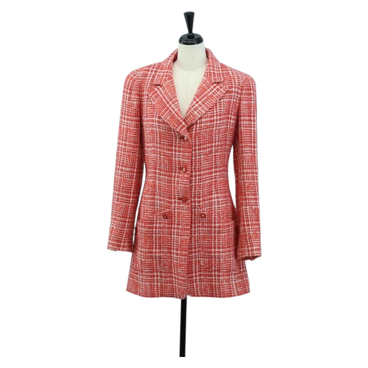 CHANEL Jacket Tweed Red CC Auth 158560M