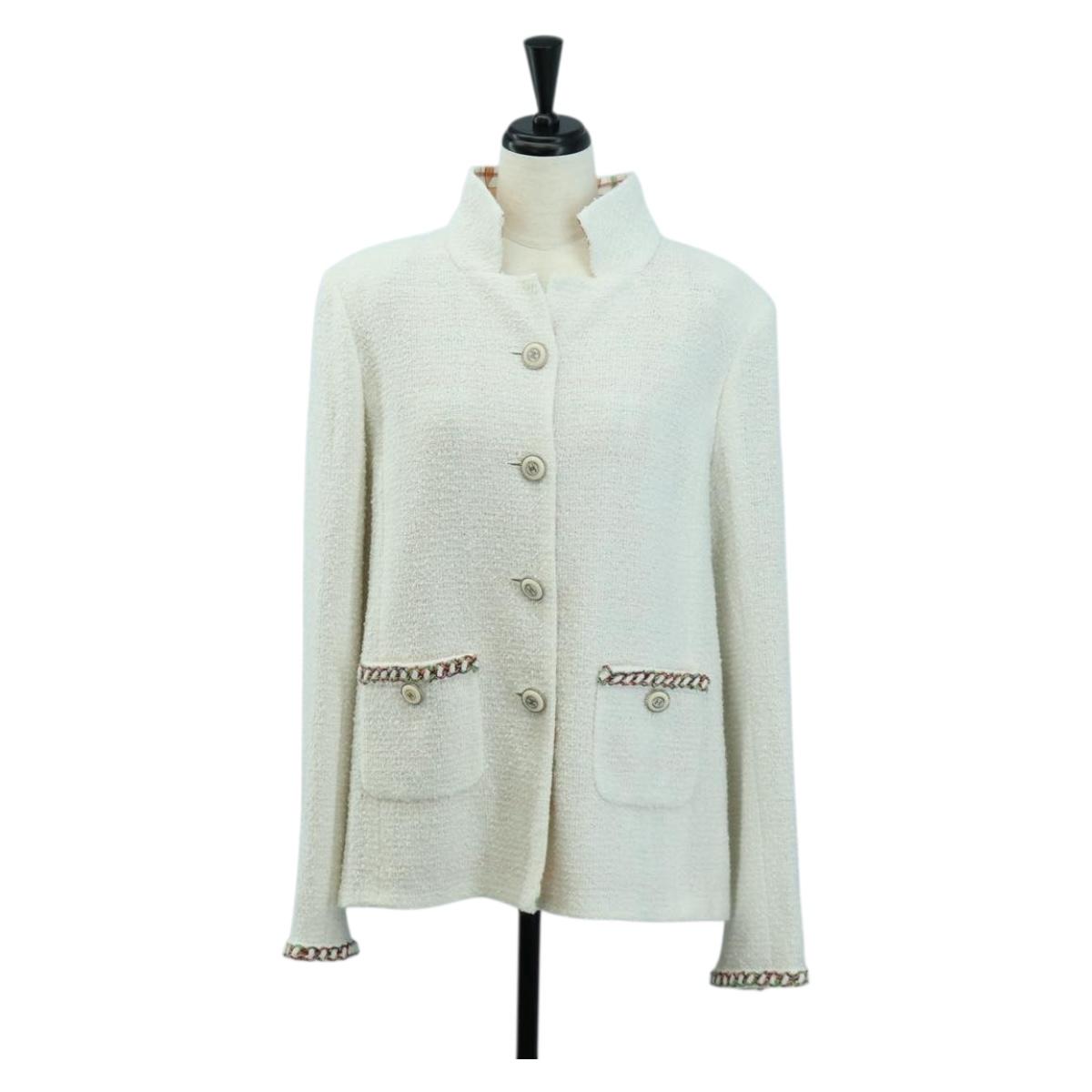 CHANEL Jacket Tweed White CC Auth 158561SM