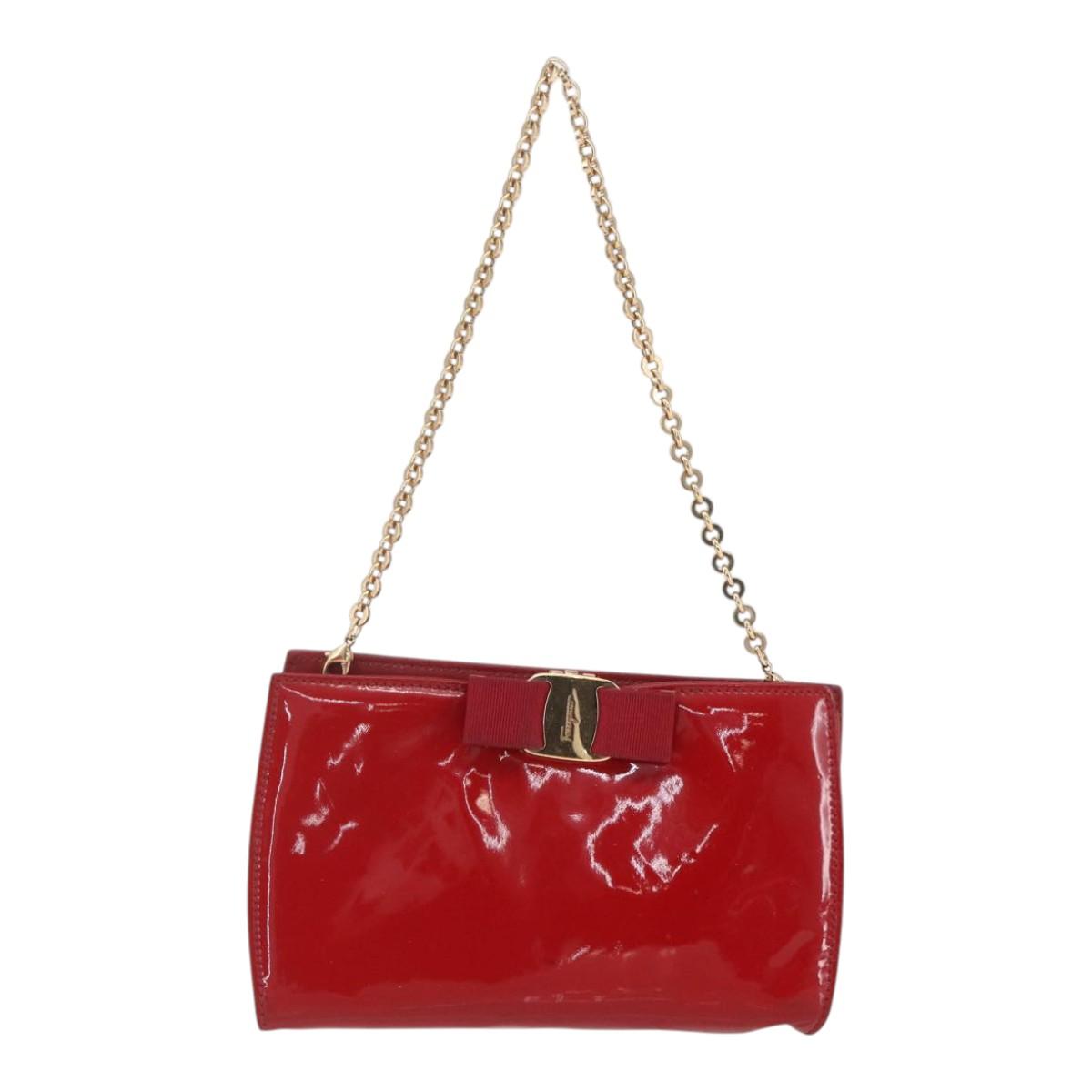 Salvatore Ferragamo Chain Accessory Pouch Patent leather Red Gold Auth 158654