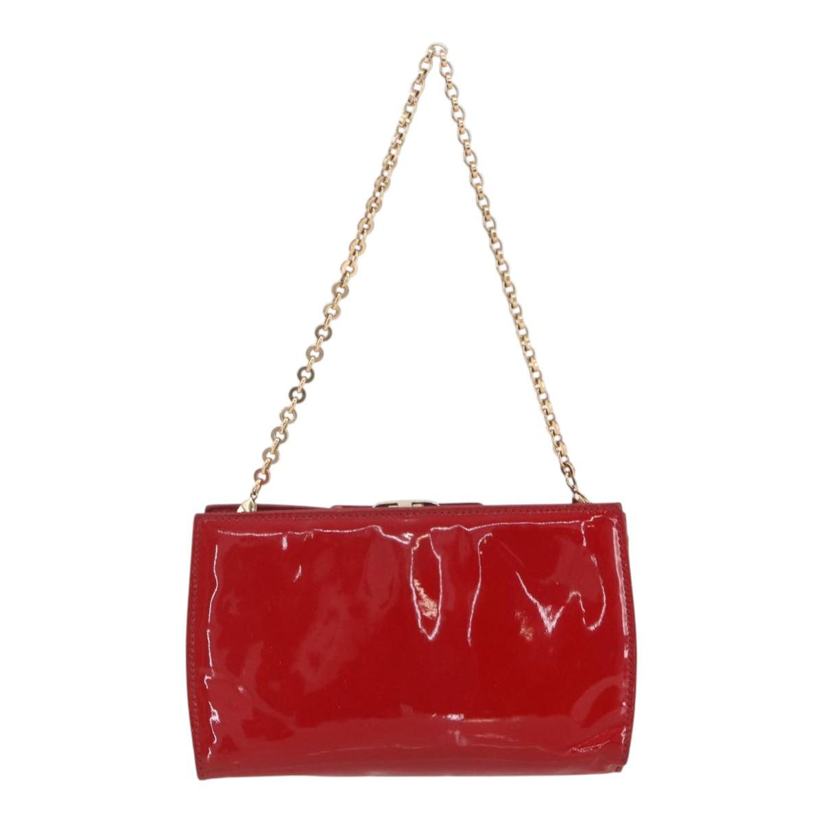 Salvatore Ferragamo Chain Accessory Pouch Patent leather Red Gold Auth 158654