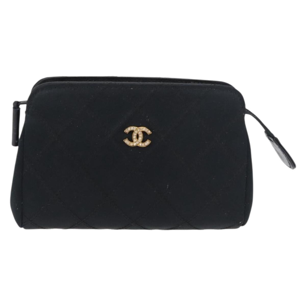 CHANEL Bicolore Pouch Satin Black Gold CC Auth 158658