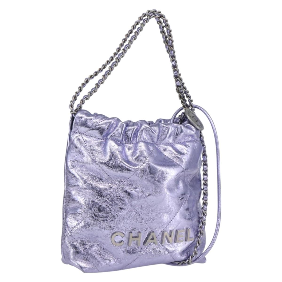 CHANEL Chain Chanel 22 Mini Hand Bag Leather 2way Purple CC Auth 158680SM