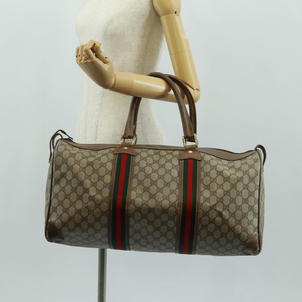 GUCCI GG Supreme Web Sherry Line Boston Bag PVC Beige Gold Auth 158687