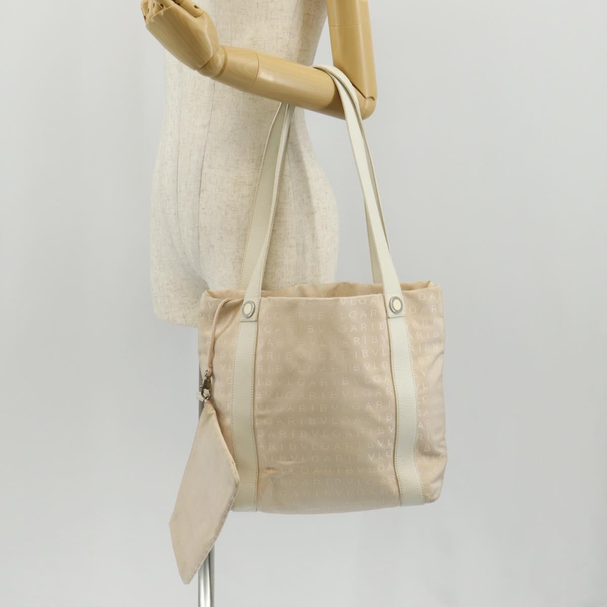 BVLGARI Logo Mania Tote Bag Canvas Leather Beige Silver Auth 158698