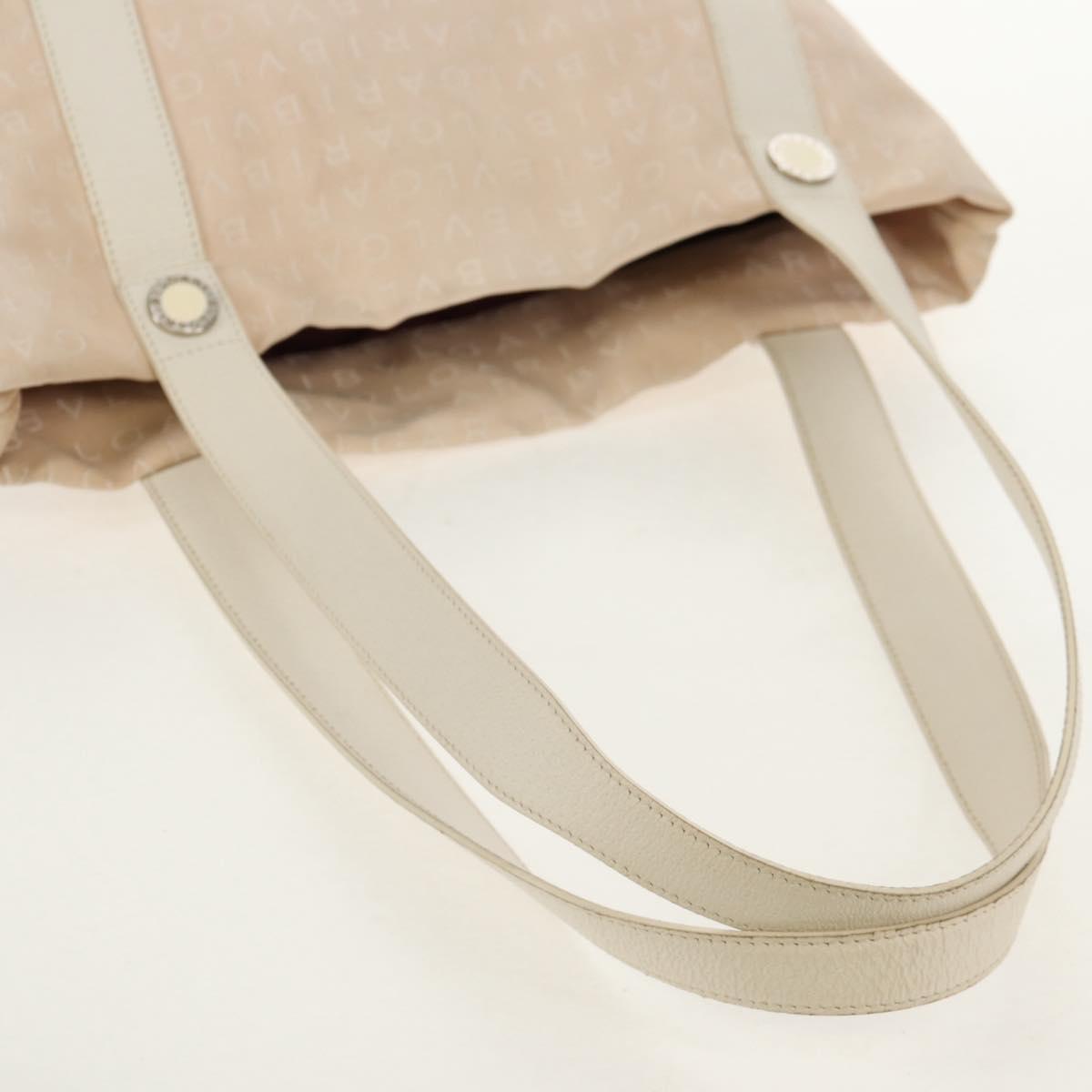 BVLGARI Logo Mania Tote Bag Canvas Leather Beige Silver Auth 158698