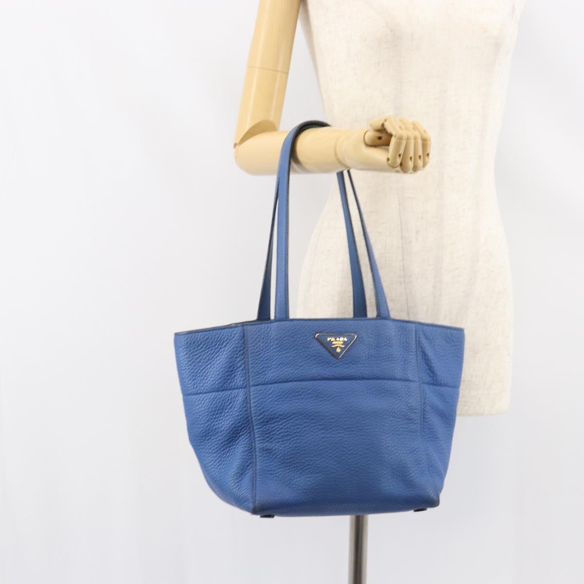 PRADA Tote Bag Vitello Dino Leather Blue Gold Auth 158702