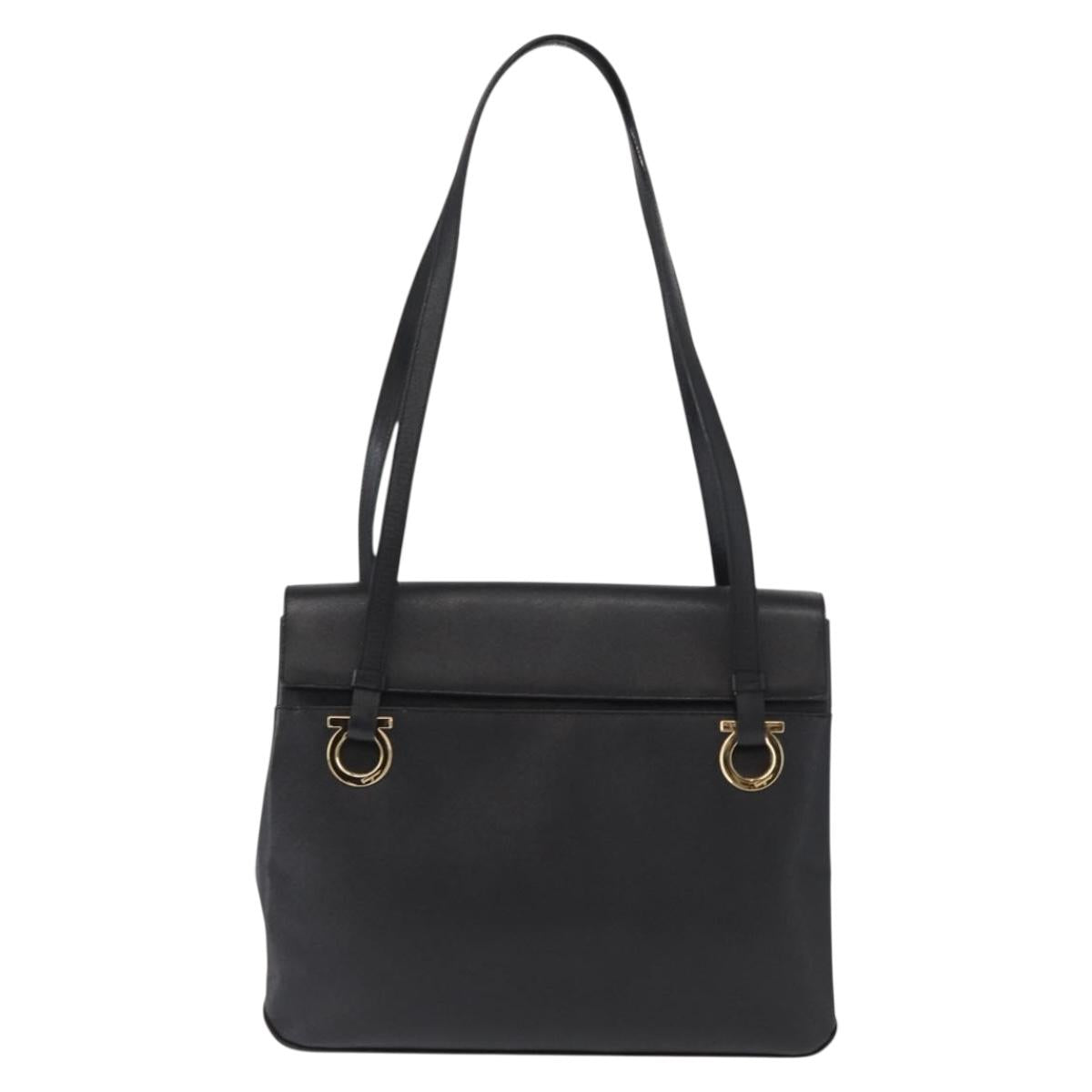 Salvatore Ferragamo Gancini Tote Bag Leather Black Gold Auth 158712