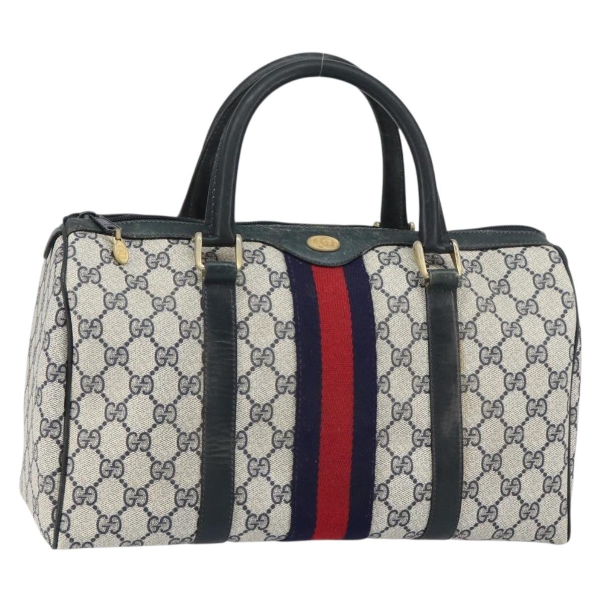 GUCCI GG Supreme Sherry Line Boston Bag PVC Navy Gold 010 378 Auth 158801