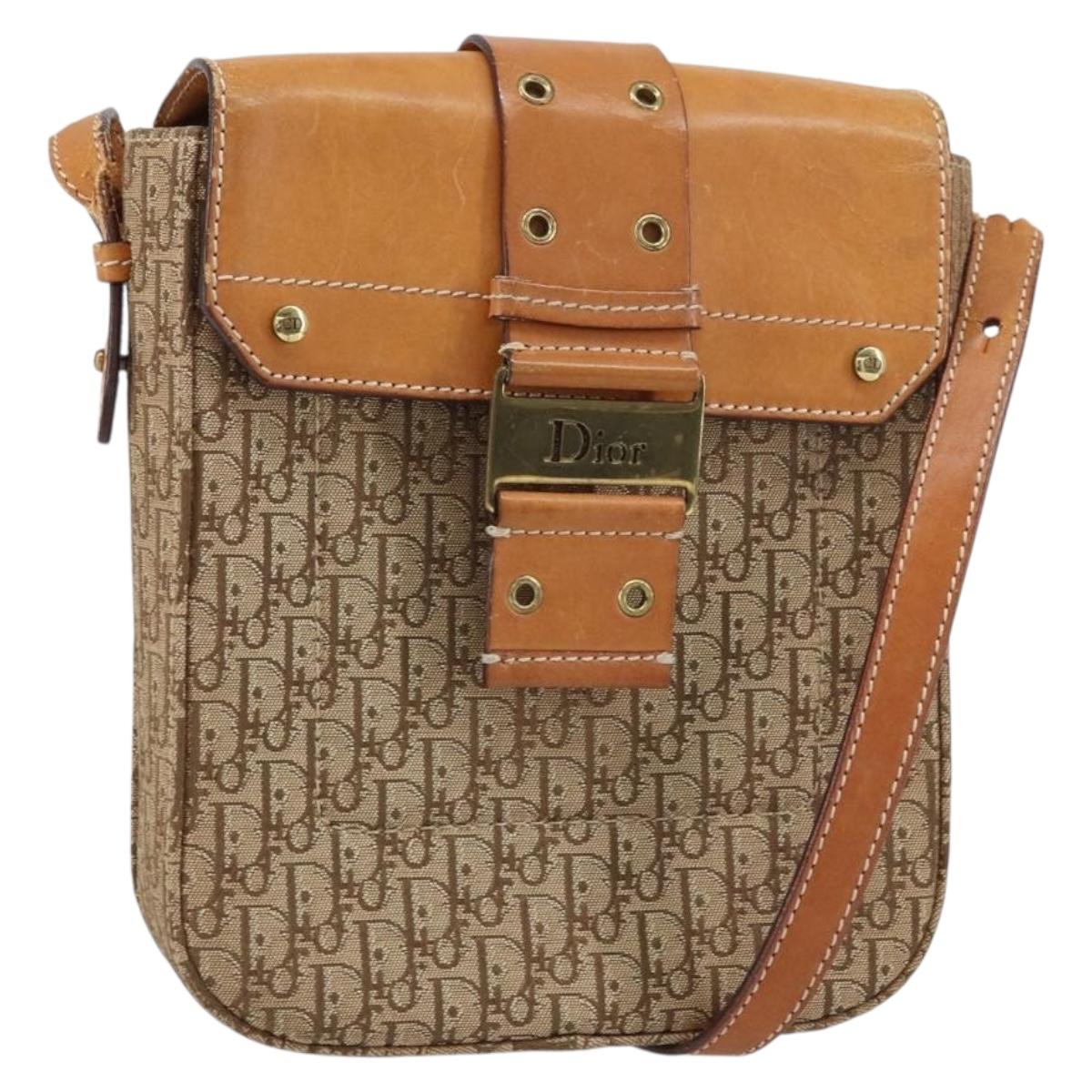 Christian Dior Trotter Canvas Shoulder Bag Brown Gold Auth 158816