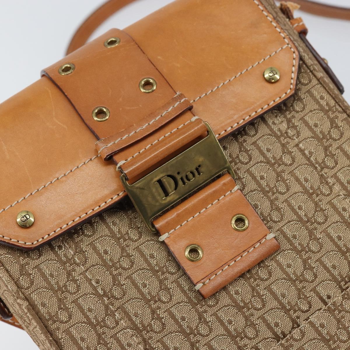 Christian Dior Trotter Canvas Shoulder Bag Brown Gold Auth 158816