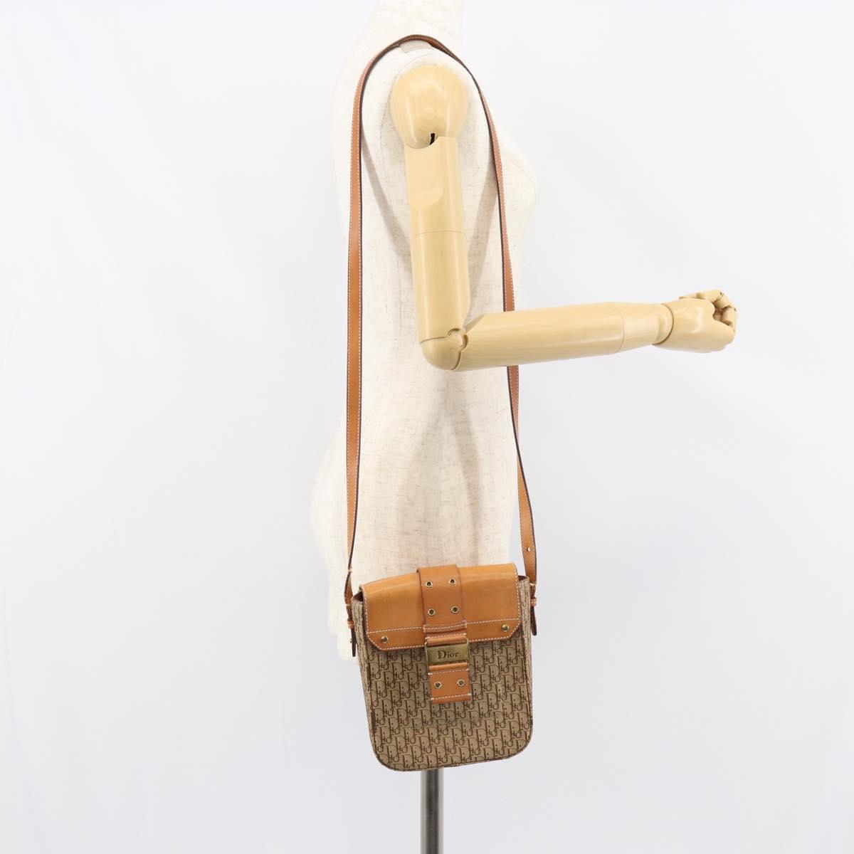 Christian Dior Trotter Canvas Shoulder Bag Brown Gold Auth 158816
