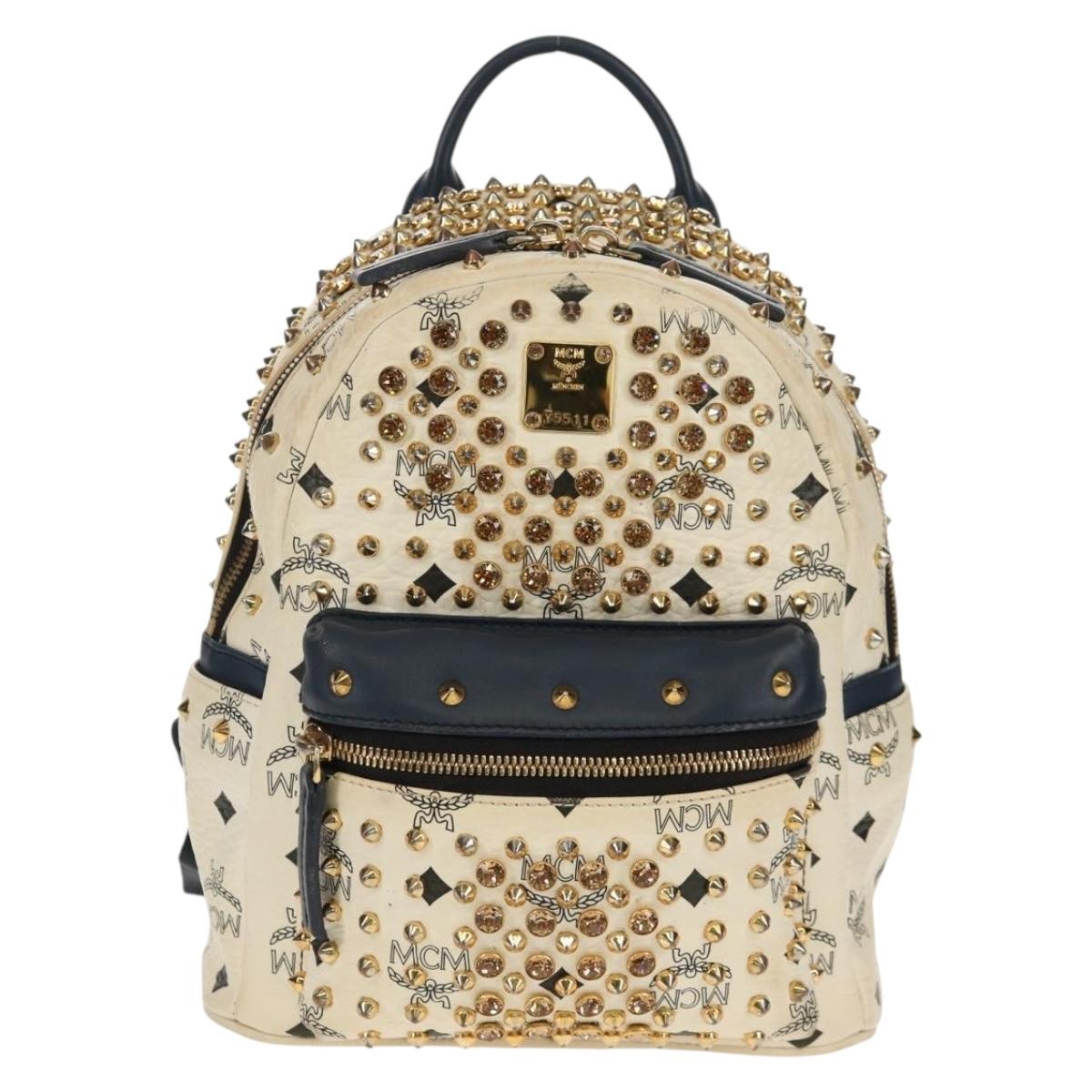 MCM Vicetos Logogram Backpack PVC Leather White Gold Auth 158824