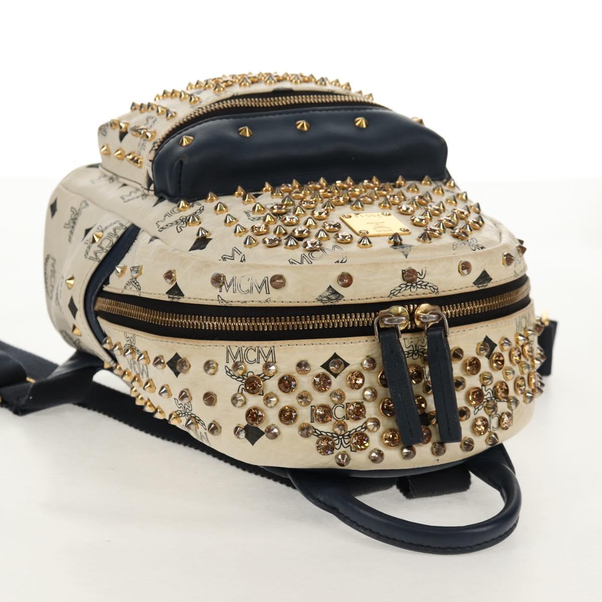 MCM Vicetos Logogram Backpack PVC Leather White Gold Auth 158824