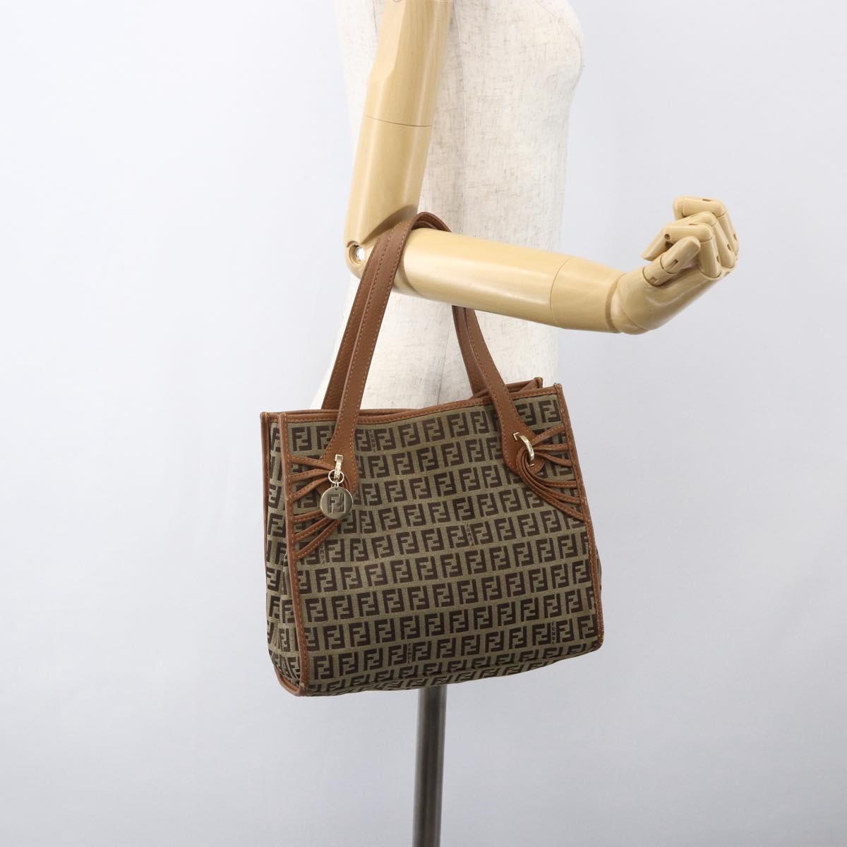 FENDI Zucchino Canvas Tote Bag Beige Gold Auth 158832