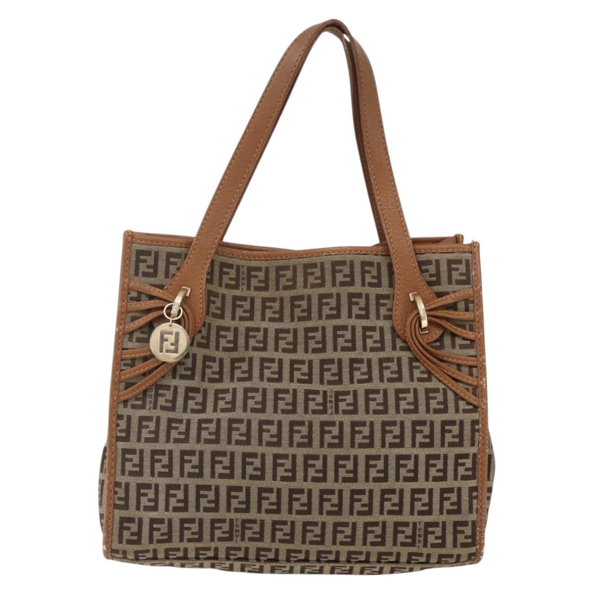FENDI Zucchino Canvas Tote Bag Beige Gold Auth 158832