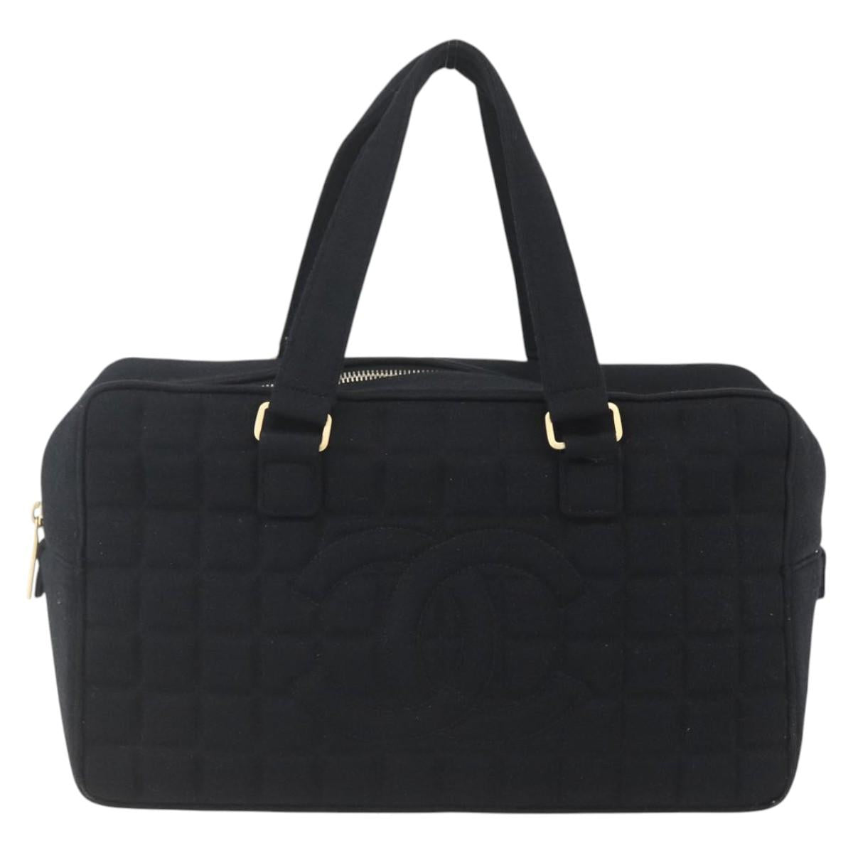 CHANEL Choco Bar Hand Bag Cotton Black Gold CC Auth 158843