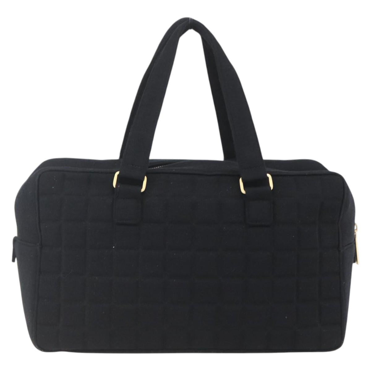 CHANEL Choco Bar Hand Bag Cotton Black Gold CC Auth 158843