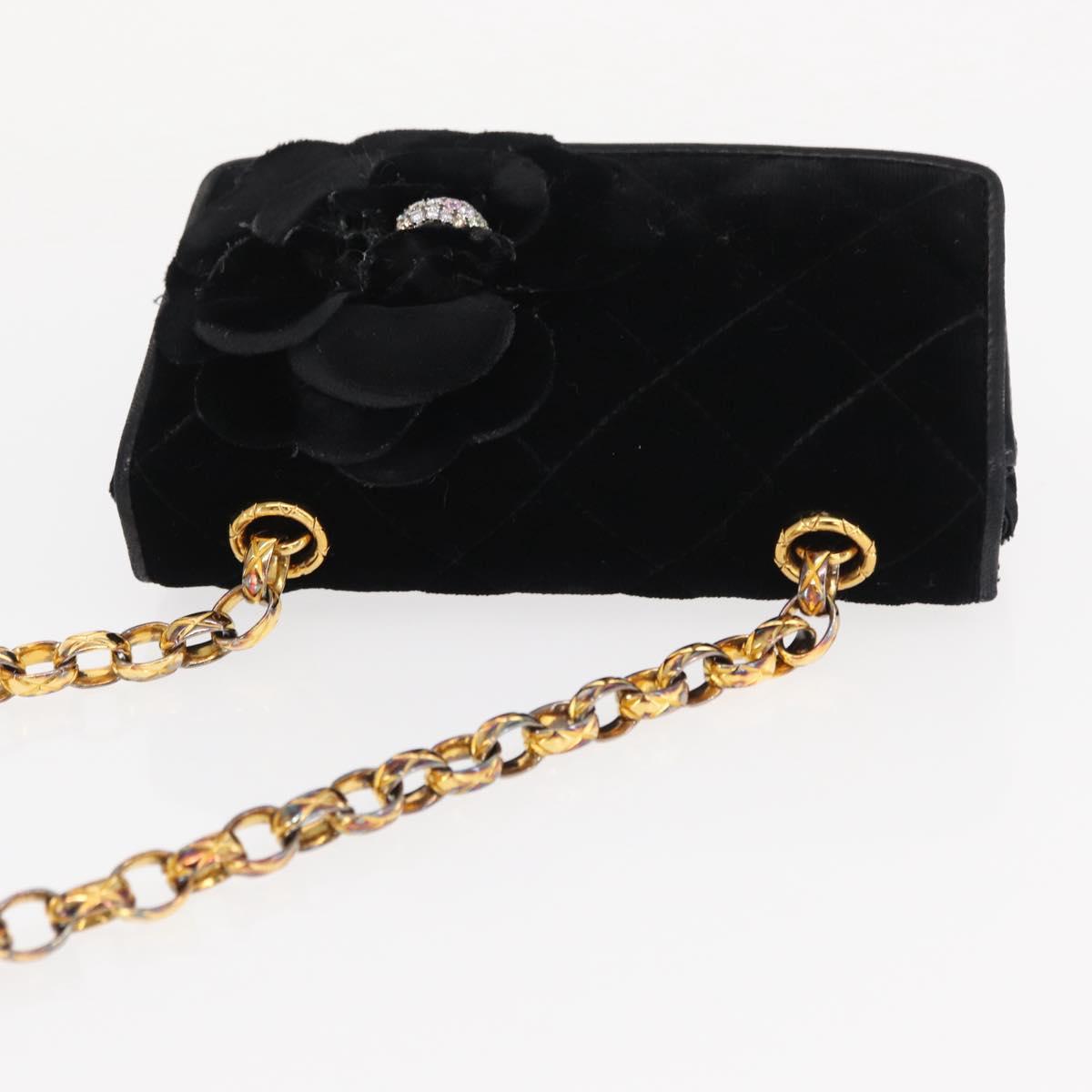 CHANEL Matelasse Chain Camelia Shoulder Bag Velor Black Gold CC Auth 158865V