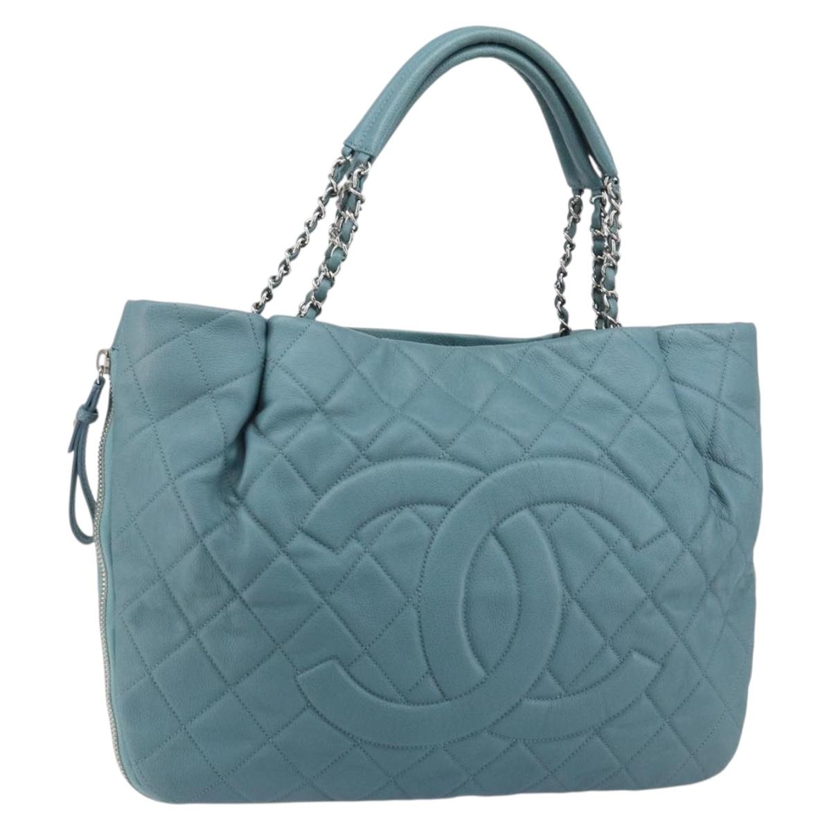 CHANEL Chain Shoulder Bag Caviar Skin Blue Silver CC Auth 158890V