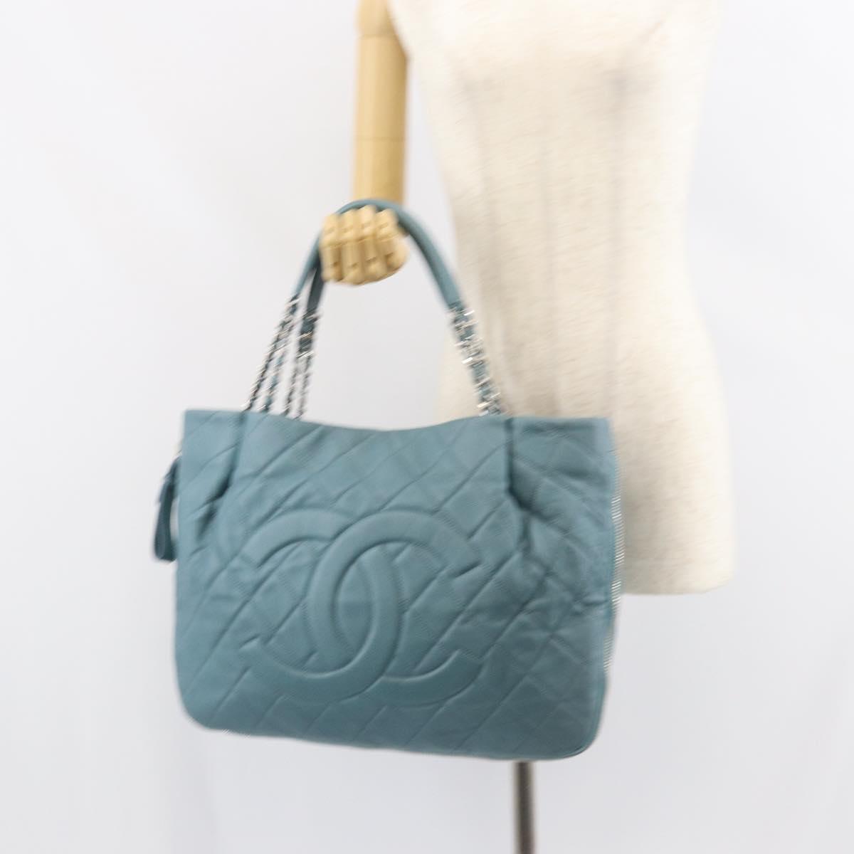 CHANEL Chain Shoulder Bag Caviar Skin Blue Silver CC Auth 158890V
