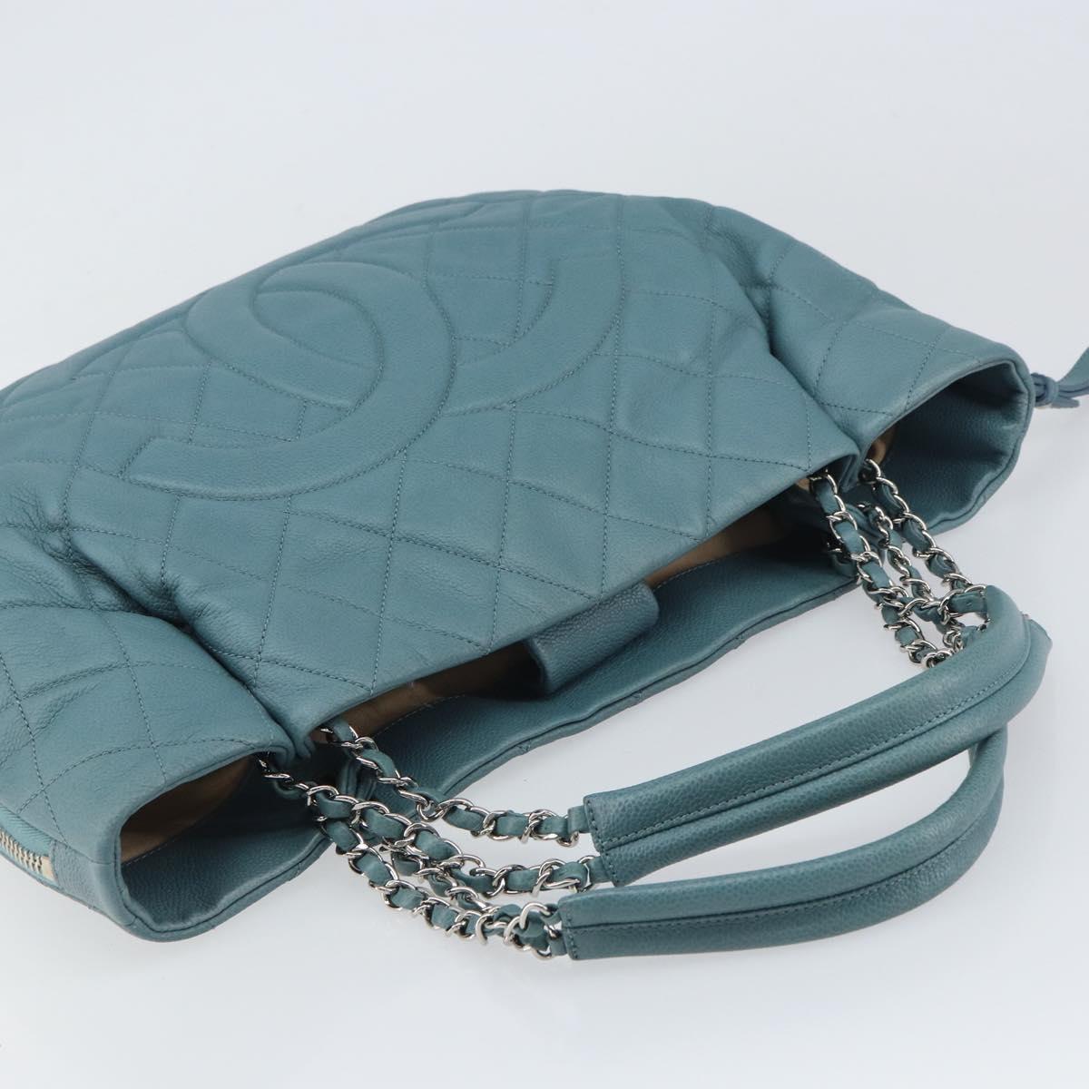 CHANEL Chain Shoulder Bag Caviar Skin Blue Silver CC Auth 158890V