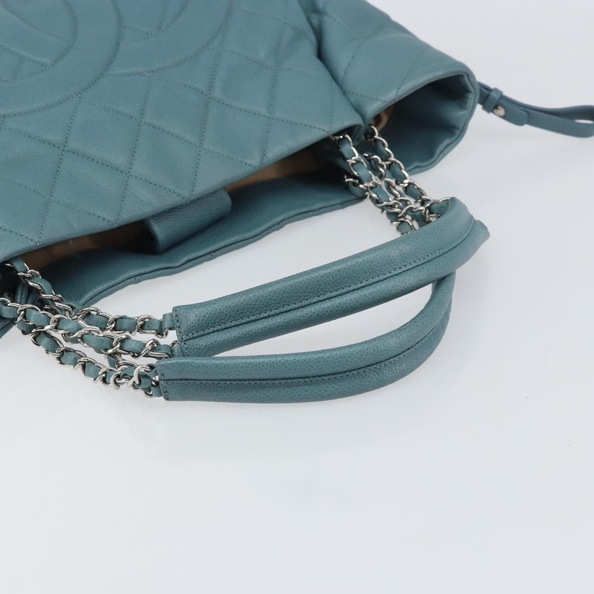 CHANEL Chain Shoulder Bag Caviar Skin Blue Silver CC Auth 158890V