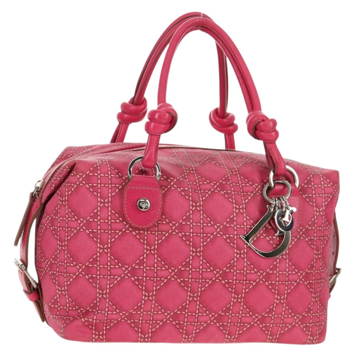 Christian Dior Canage Hand Bag Coated Canvas Pink Silver Auth 158891V