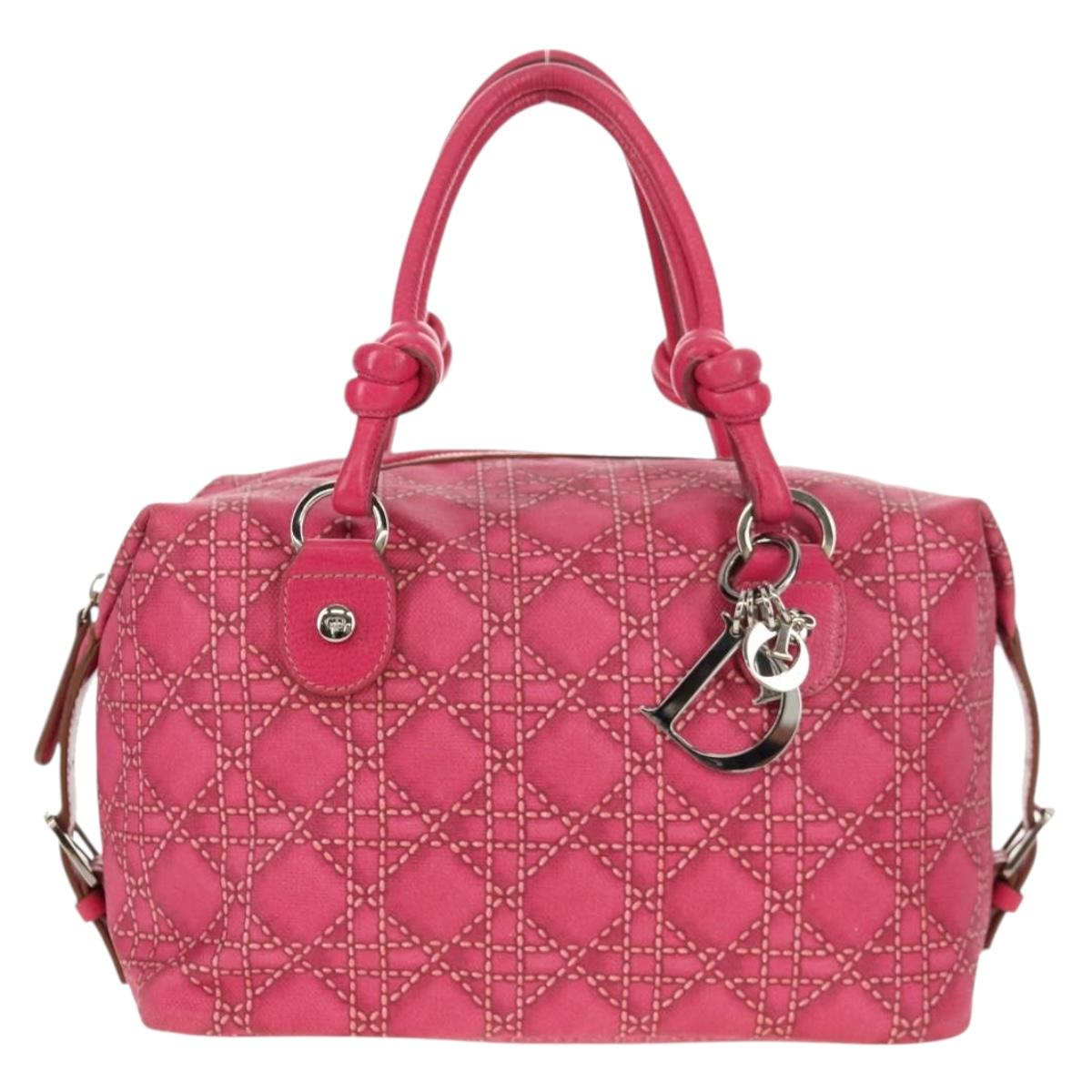 Christian Dior Canage Hand Bag Coated Canvas Pink Silver Auth 158891V