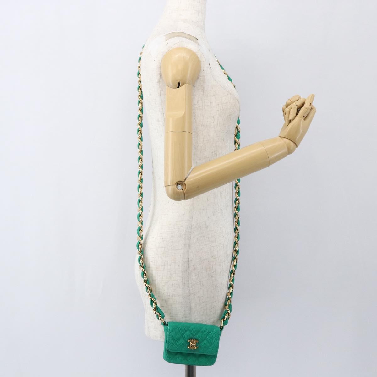 CHANEL Chain Mini Matelasse 11 Shoulder Bag Canvas Green Gold CC Auth 158908SM