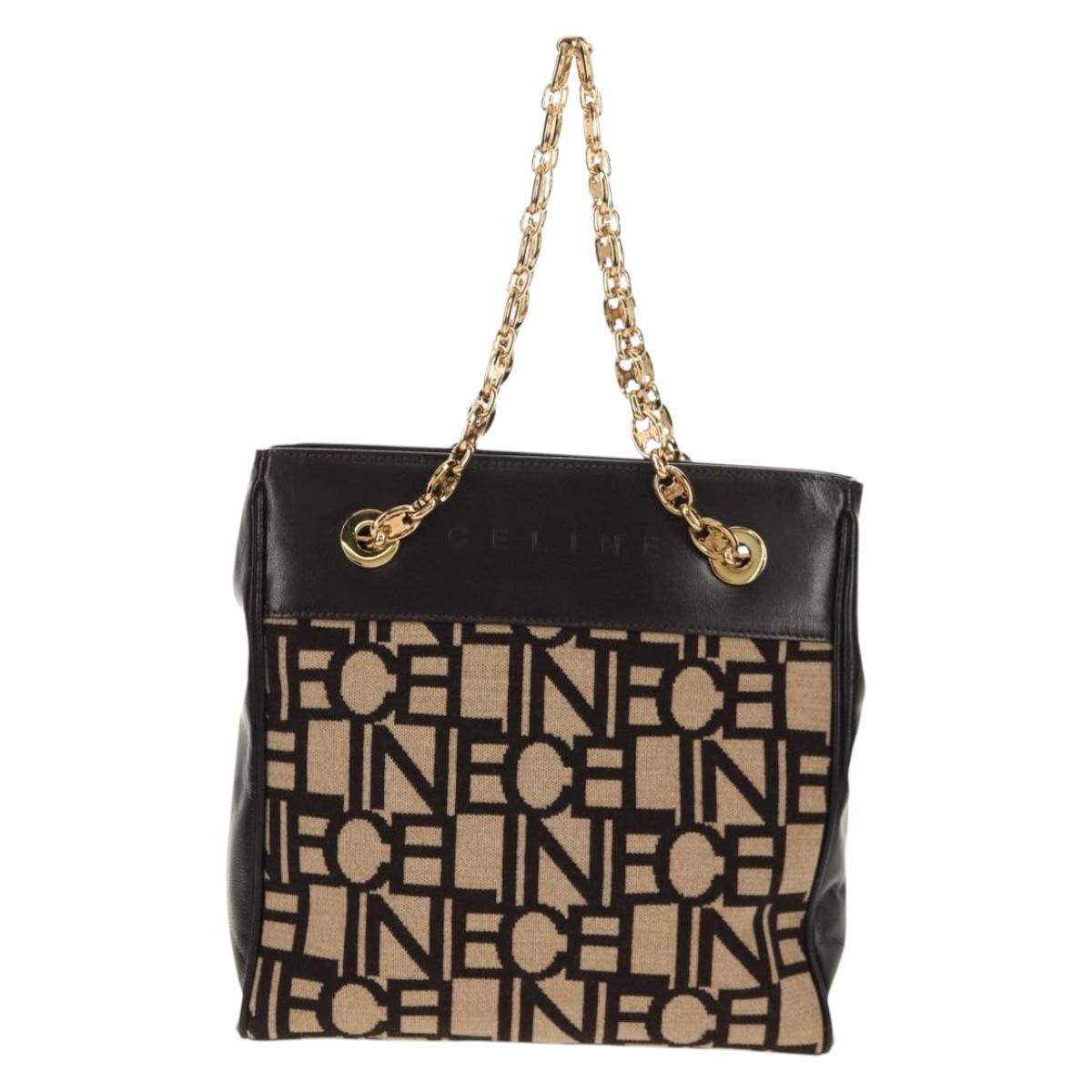 CELINE Blazon Chain Shoulder Bag Canvas Brown Gold Auth 158910V