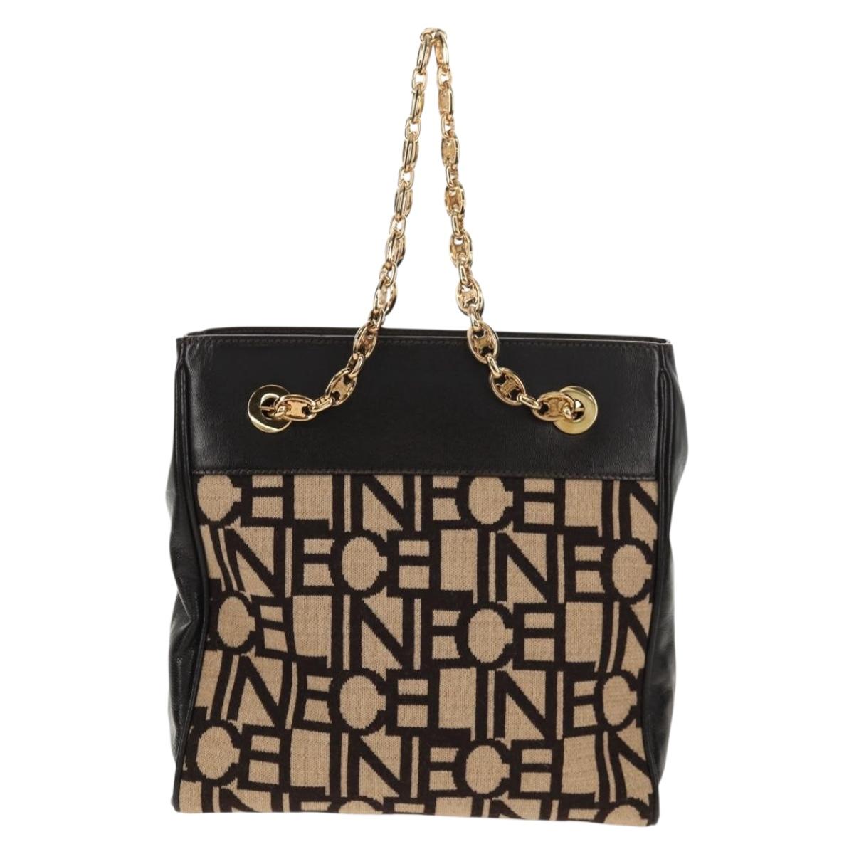 CELINE Blazon Chain Shoulder Bag Canvas Brown Gold Auth 158910V