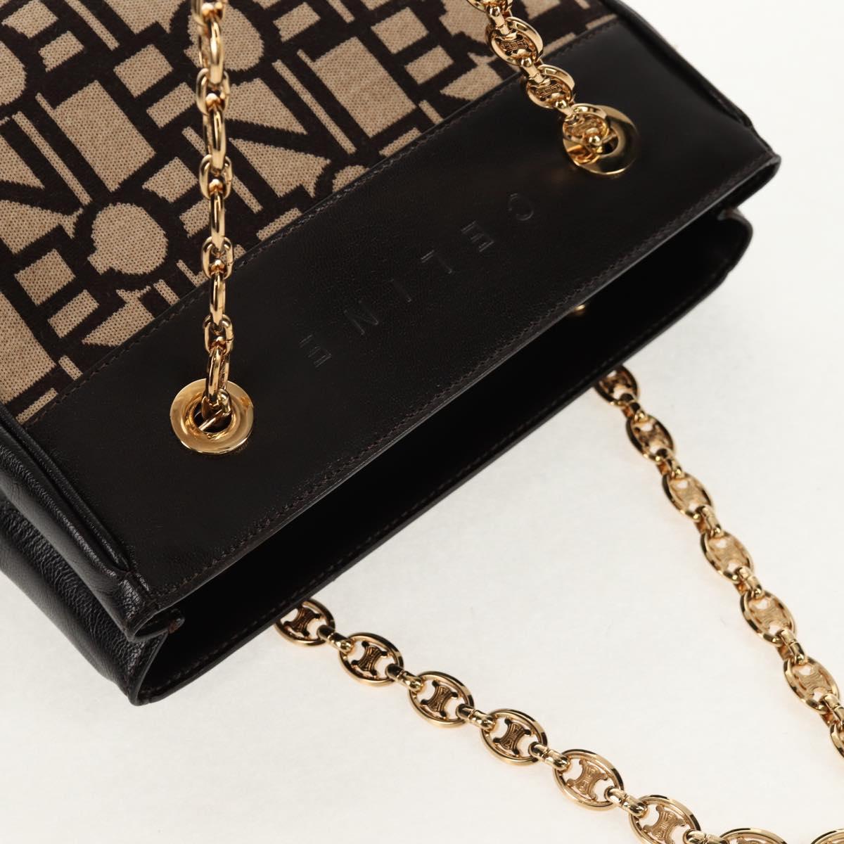 CELINE Blazon Chain Shoulder Bag Canvas Brown Gold Auth 158910V