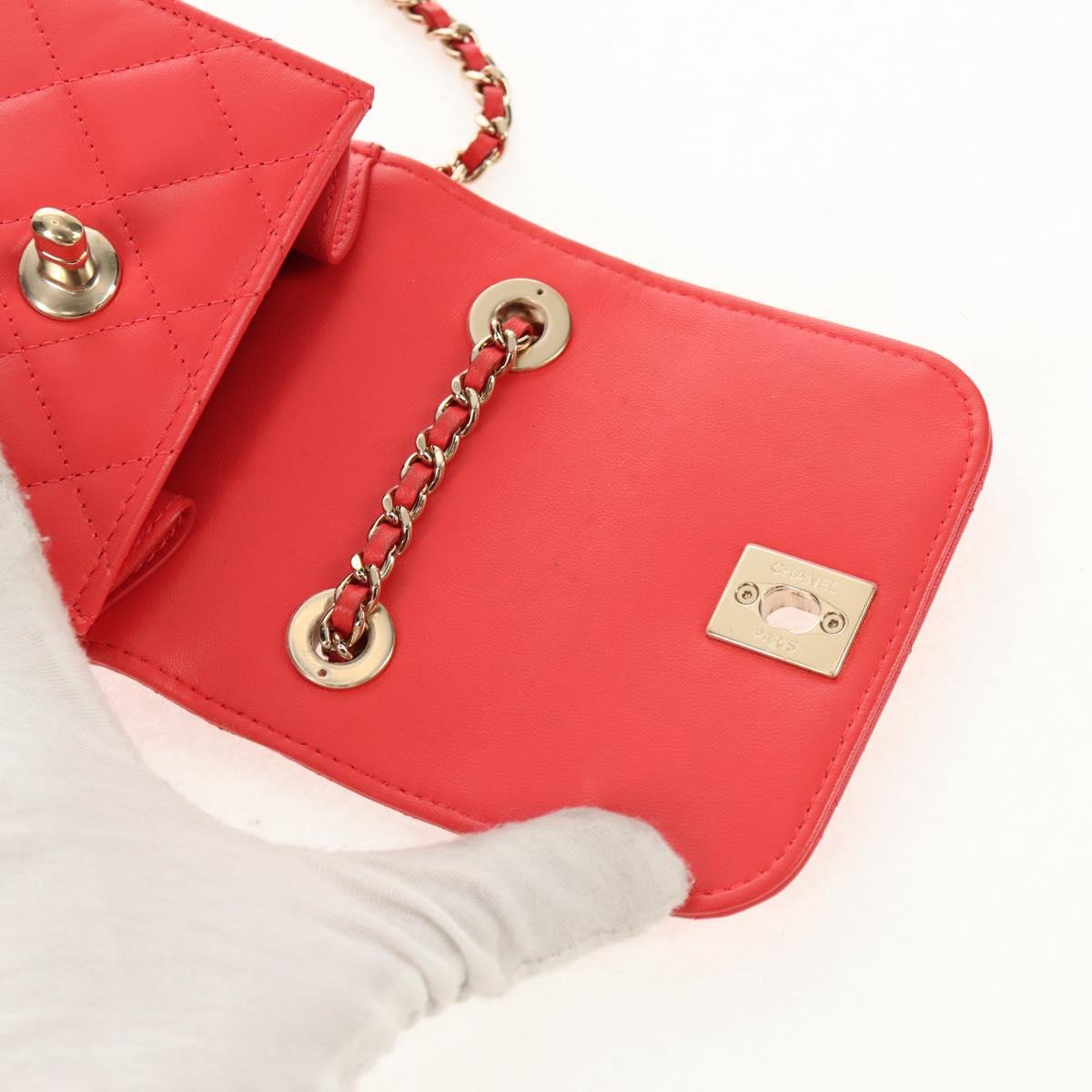 CHANEL Matelasse Chain Shoulder Bag Lamb Skin Red Gold CC Auth 158913SAM