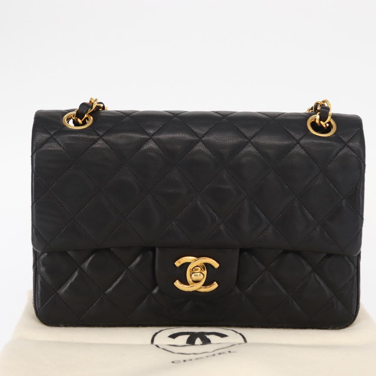 CHANEL Matelasse 23 Chain Shoulder Bag Lamb Skin Black Gold CC Auth 158930V