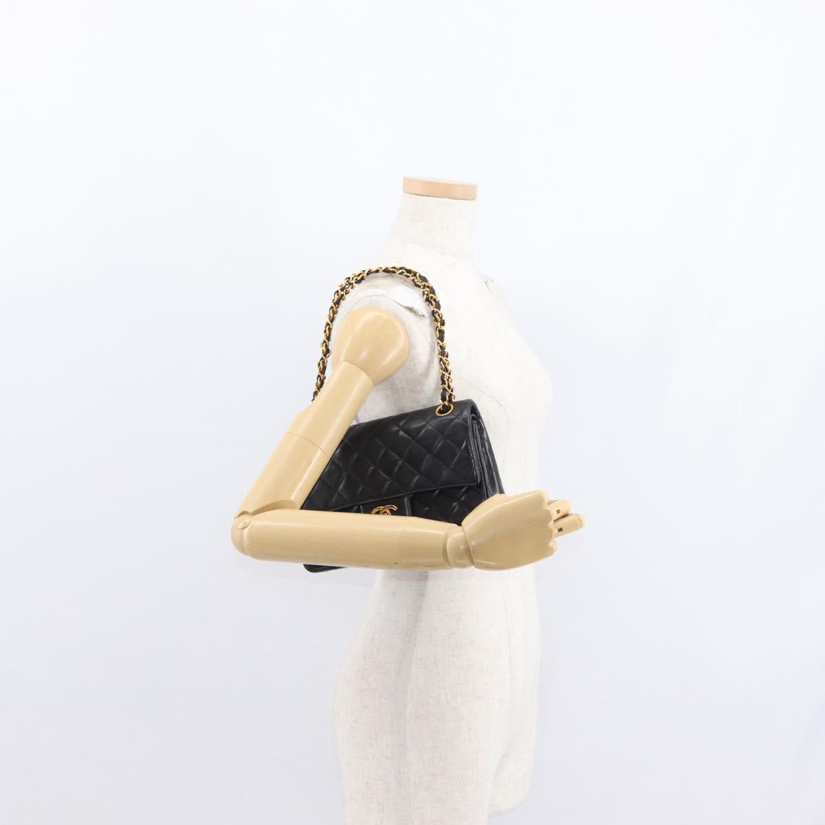 CHANEL Matelasse 23 Chain Shoulder Bag Lamb Skin Black Gold CC Auth 158930V