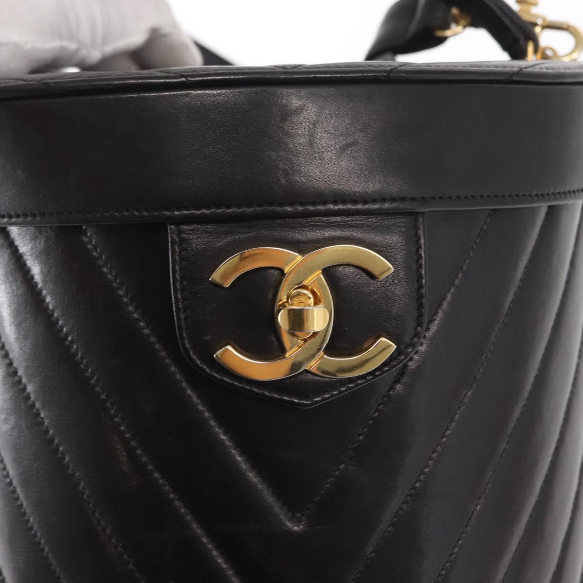 CHANEL V Stitch Vanity Hand Bag Lamb Skin 2way Black Gold CC Auth 158944SAV