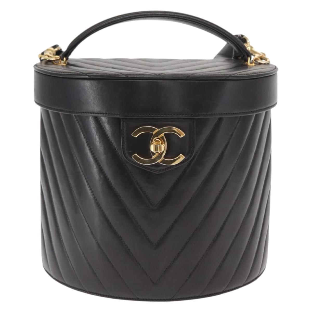 CHANEL V Stitch Vanity Hand Bag Lamb Skin 2way Black Gold CC Auth 158944SAV