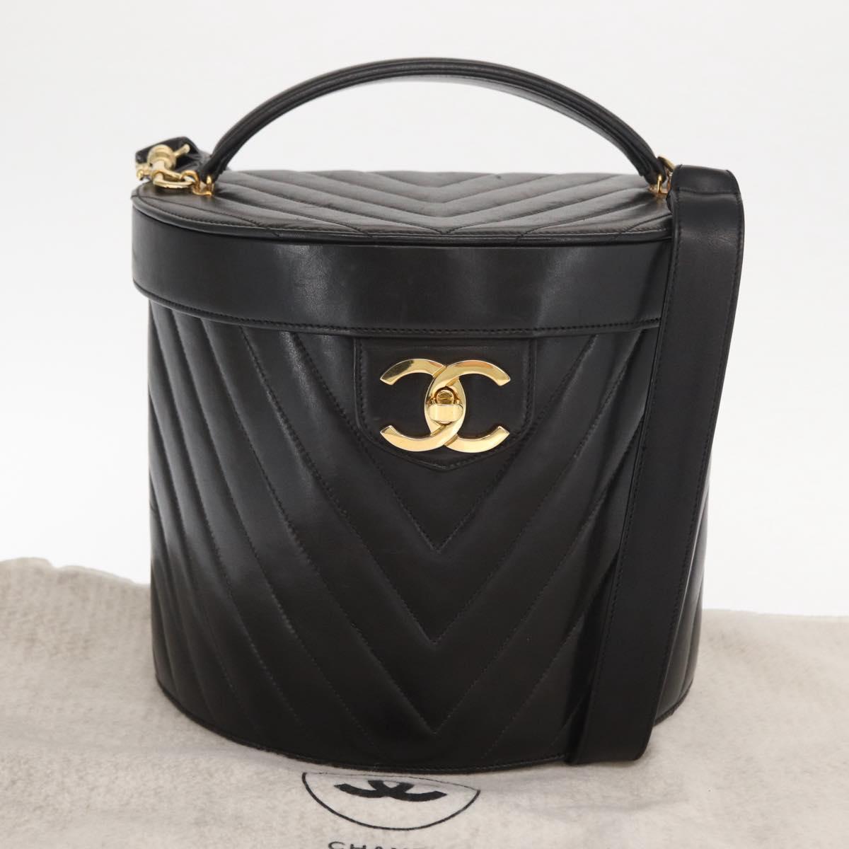 CHANEL V Stitch Vanity Hand Bag Lamb Skin 2way Black Gold CC Auth 158944SAV