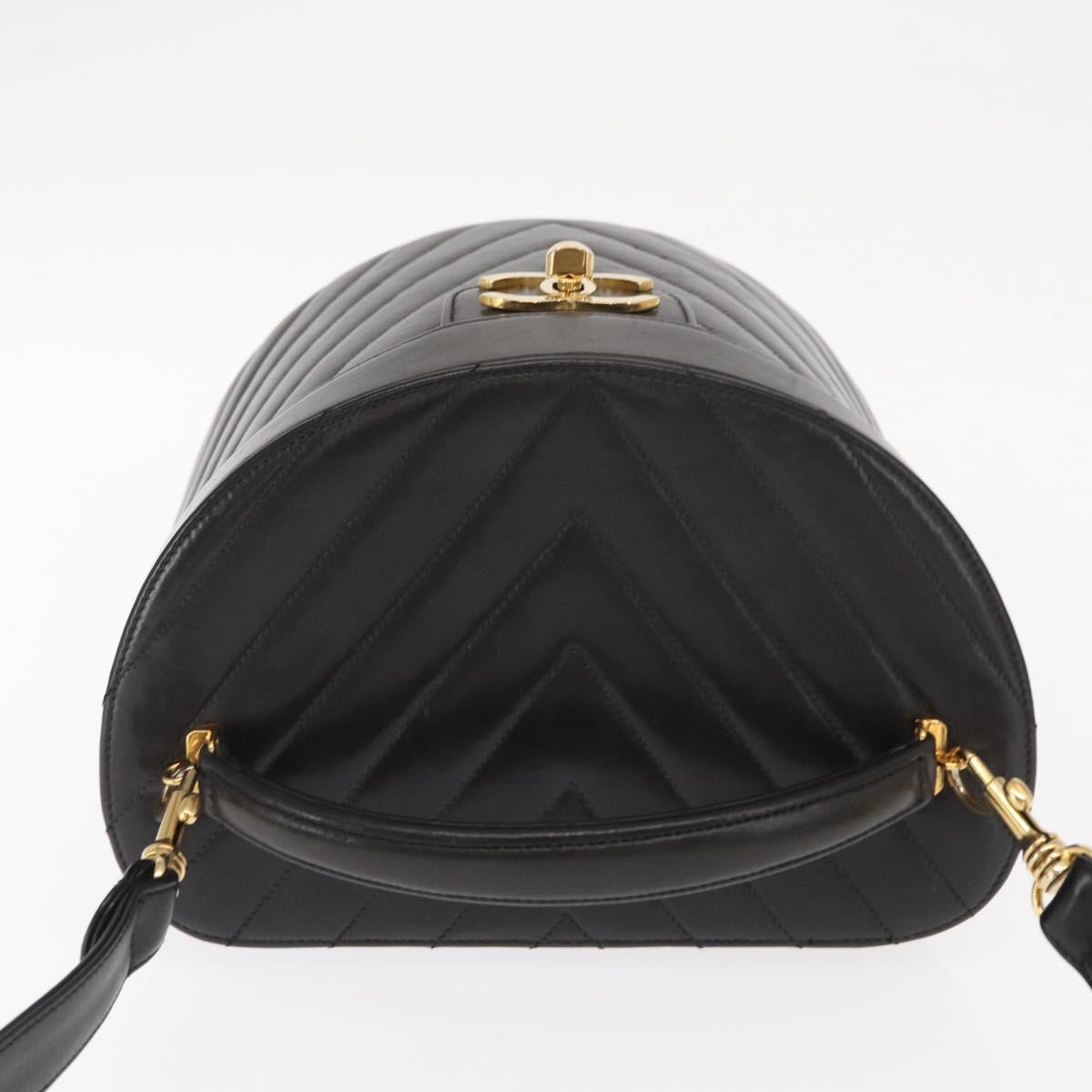 CHANEL V Stitch Vanity Hand Bag Lamb Skin 2way Black Gold CC Auth 158944SAV